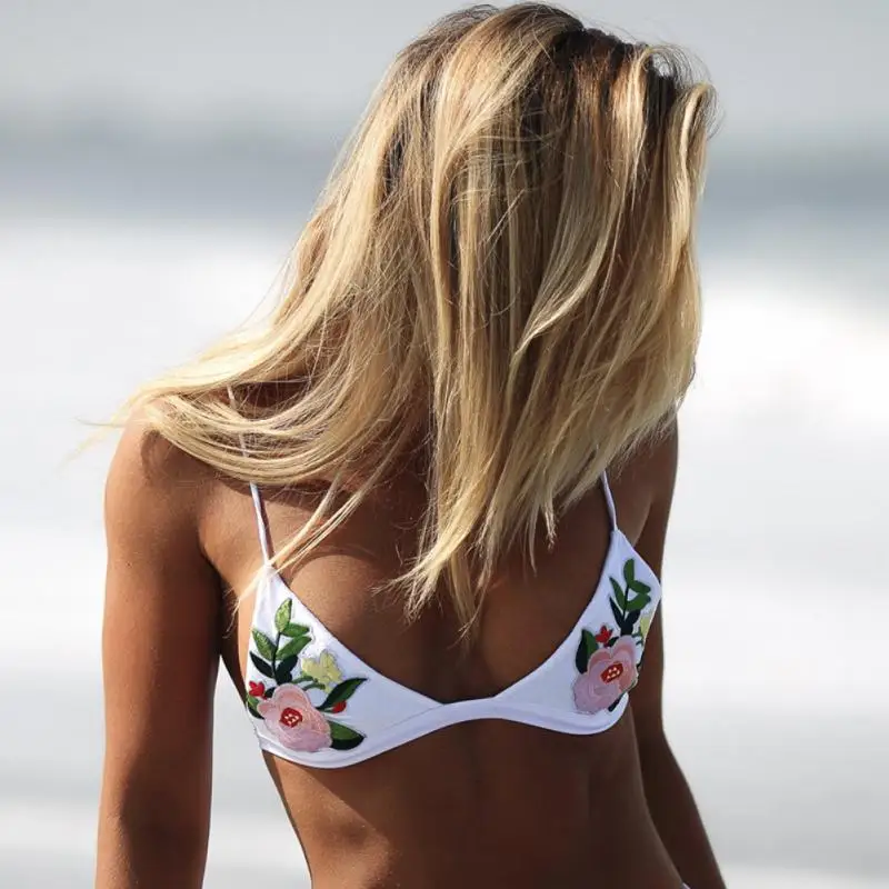 Женское бикини с высокой талией летний сексуальный купальник вышитыми цветами