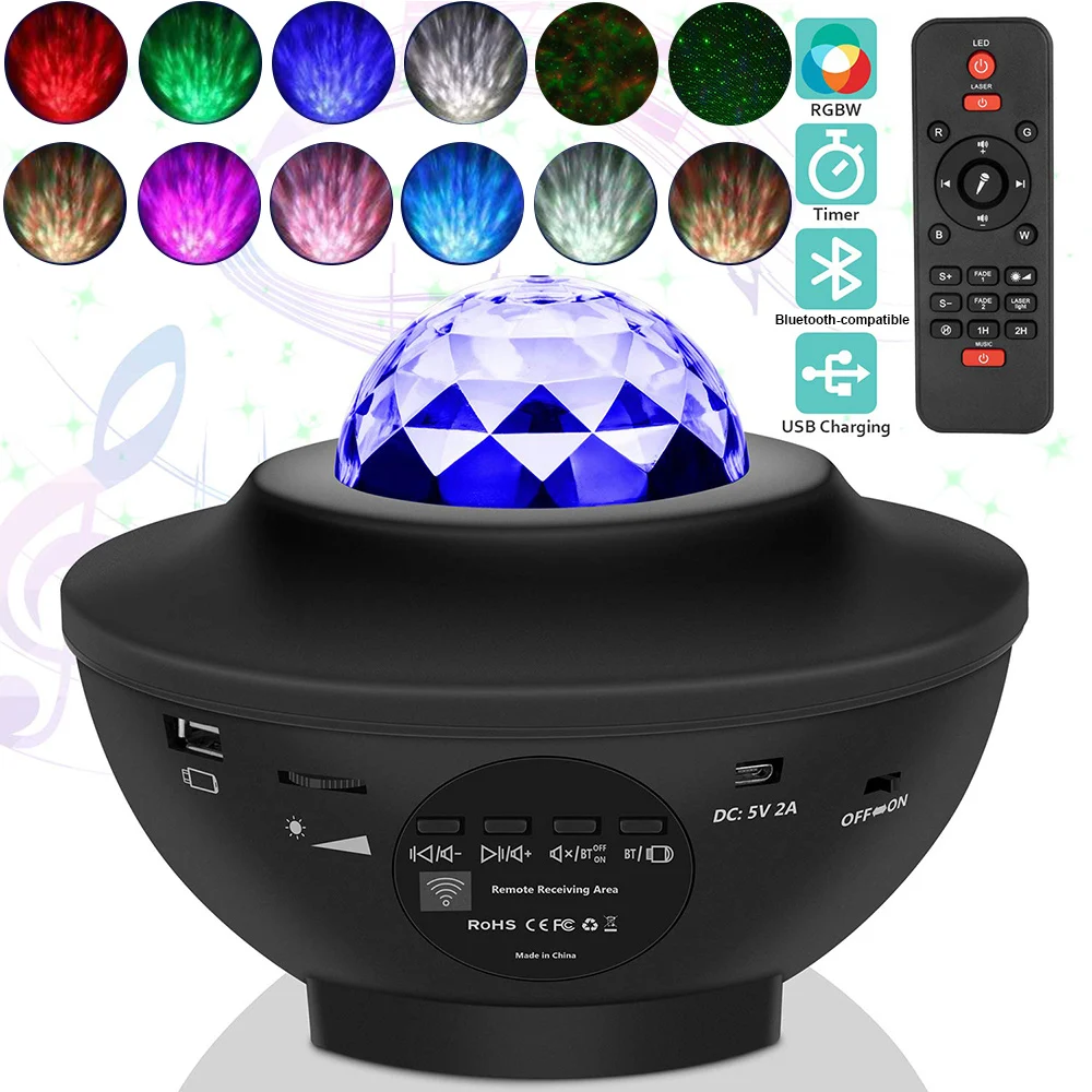 USB LED Star Night Light Music Starry Water Wave LED Projector Light Bluetooth-compatible Sound-Activated Projector Light Decor