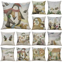 christmas penguin snowman pillow case decor cotton linen18 print home sofa cushion cover