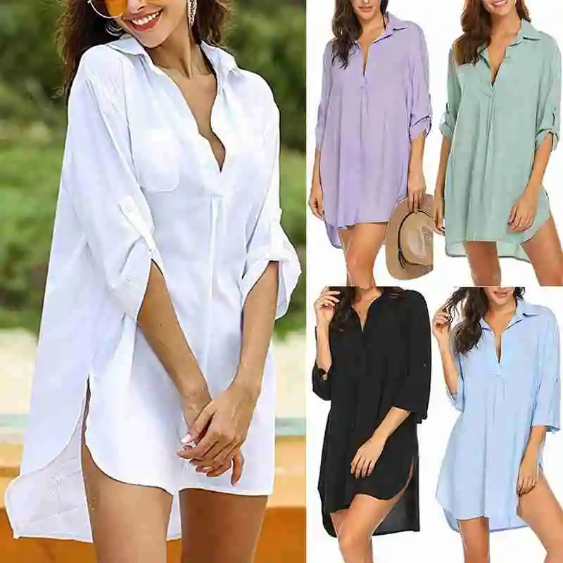 

Beach Sexy Bikini Cover-ups Chiffon Shirt Summer Dress Women Deep V- Neck Swim Suit Cover Up Bathing Suit Beachwear T Shirt 2021