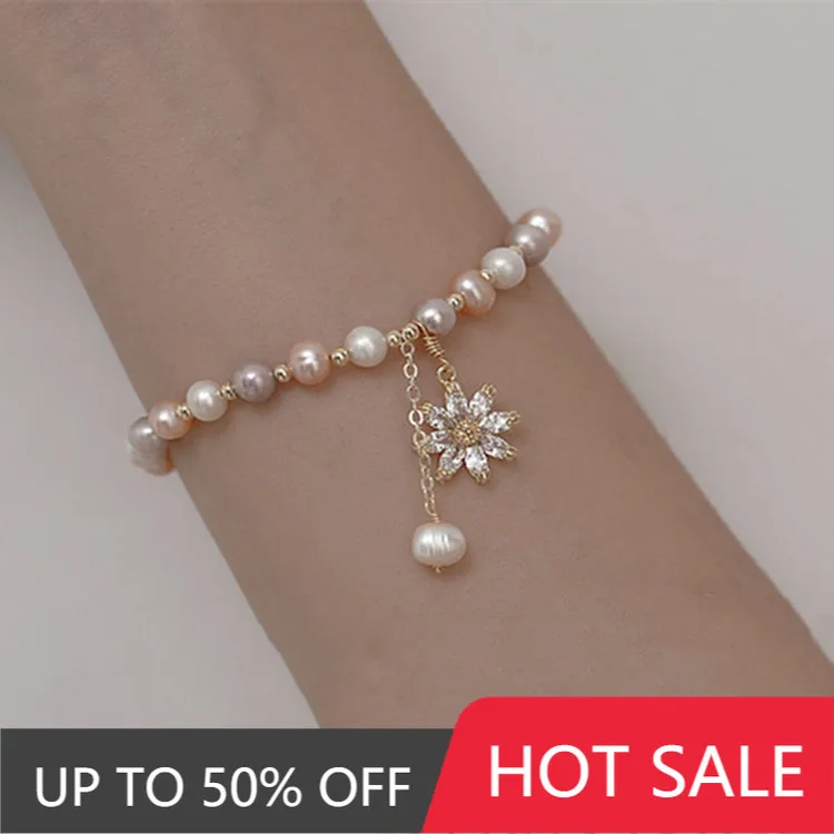 

2021 New Fashion Jewelry Freshwater Pearl Bracelet Plated Zircon Flower Pendant Sweet Student Gift Women Bracelet Accessories