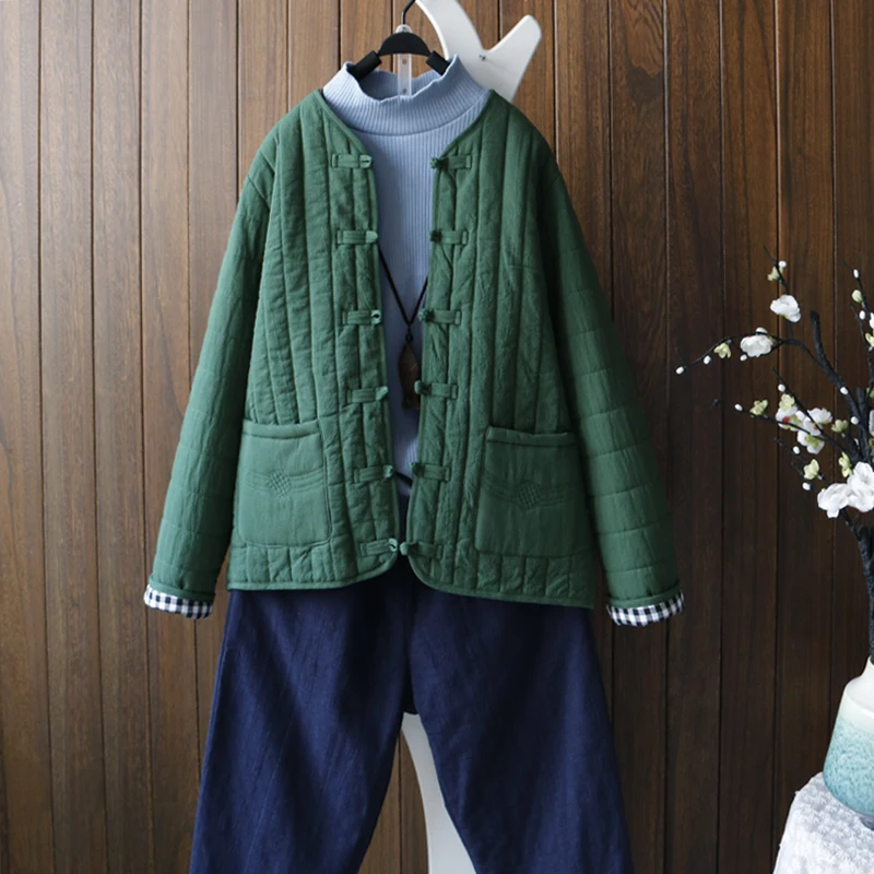 Хлопковое льняное Стеганое пальто женское однотонное китайский национальный
