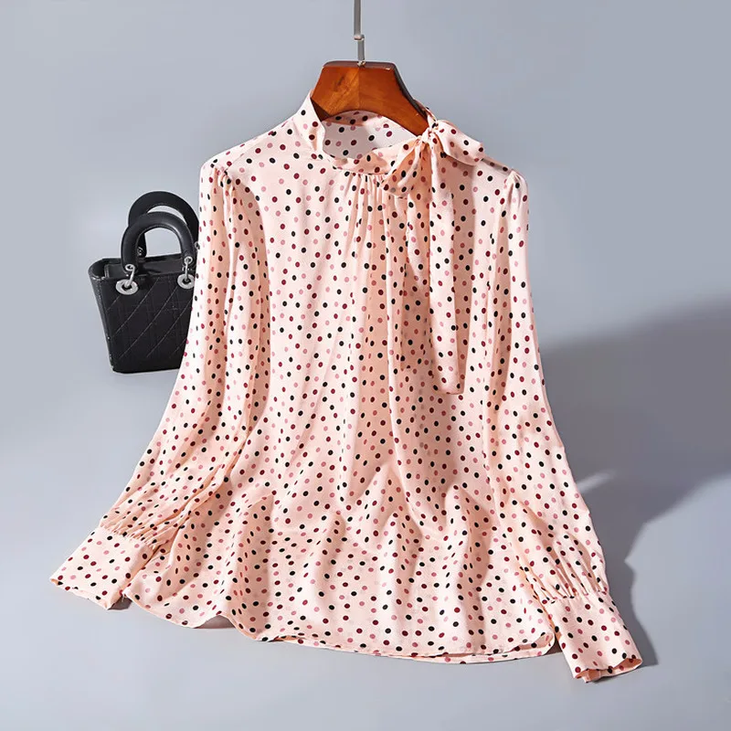 100% Real Silk Blouse Women Long Sleeve Shirts Polka Dot Blouse Spring Tops Vintage Blusas Mujer De Moda LWL1613