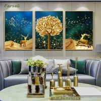 abstract golden deer in the forest canvas painting posters and print modern decor wall art pictures for living room bedroom