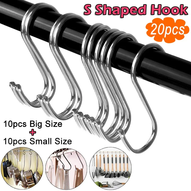 

20Pcs Powerful Stainless Steel Silver S Shape Type House Kitchen Hanger Hook or Fit for Spoon Clothes Flower Pot Hooks