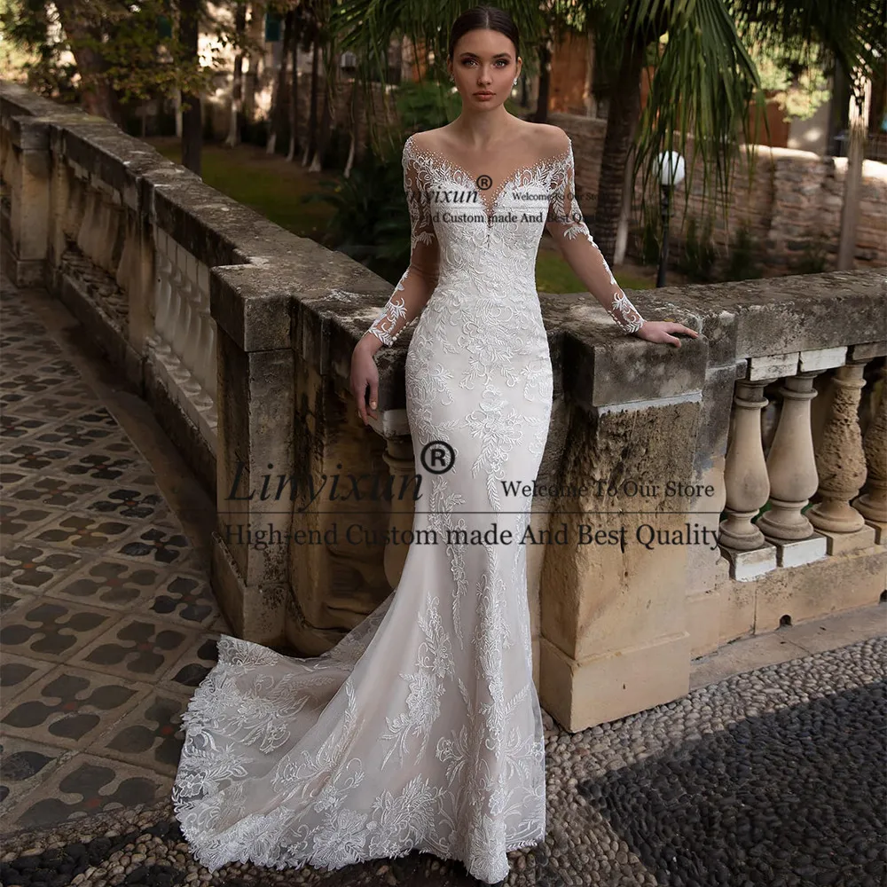 

2021 New Arrival Illusion O Neck Mermaid Wedding Dresses Full Sleeves Sweep Train Appliqued Lace Bridal Gowns vestidos de novia