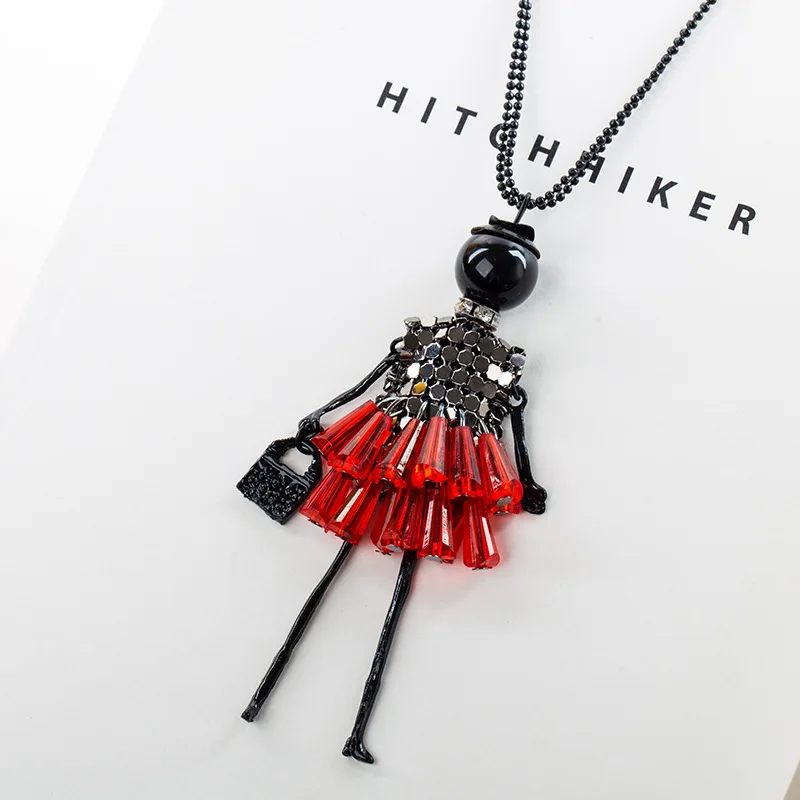 

New Korean Fashion Women's Sweater Chain Necklace Black Red Cartoon Doll Pendant Beads Link Necklaces for Women Christmas Gifts