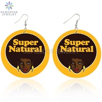 somesoor super natural hair afro locs wooden drop earring black round loops both sides printed wood ear dangle for women gifts
