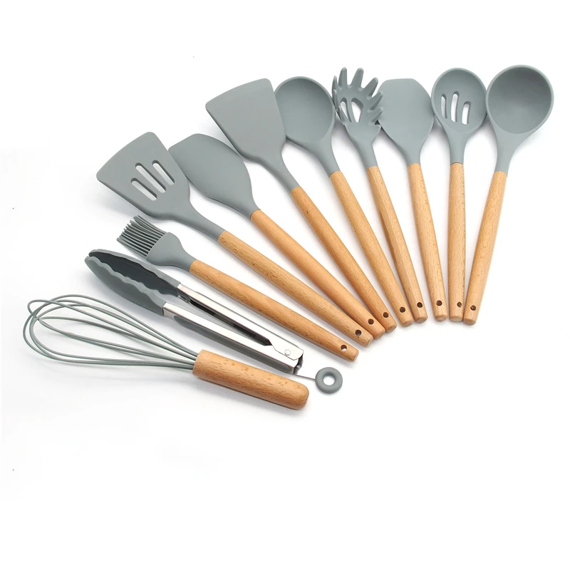 11-Pcs kitchen set Силиконовые набор для кухни 11/12/13 шт, кухонный набор,набор кухонных принадлежностей, антипригарным,деревянной с лопатки, ложка,половник,Кухня инструменты,кухонная утва,серый,кухонные принадлежности из силикона - Цвет: 11-Pcs kitchen set