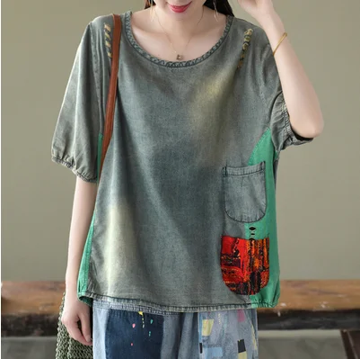 Women T-shirt Summer Loose Casual Denim Tops 2020 New O-Neck Short Sleeve Spliced hole Retro All-match | Женская одежда