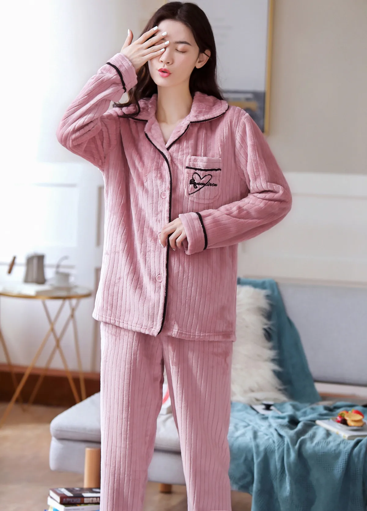 Женские Фланелевые пижамы пижамный комплект с длинными рукавами пижама Пижамный