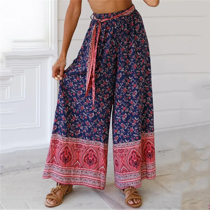

Belt Bohemian Women Casual Drawstring High Waist 2020 Summer Fashion Pant Sashes Loose Printed Wide Leg Pants