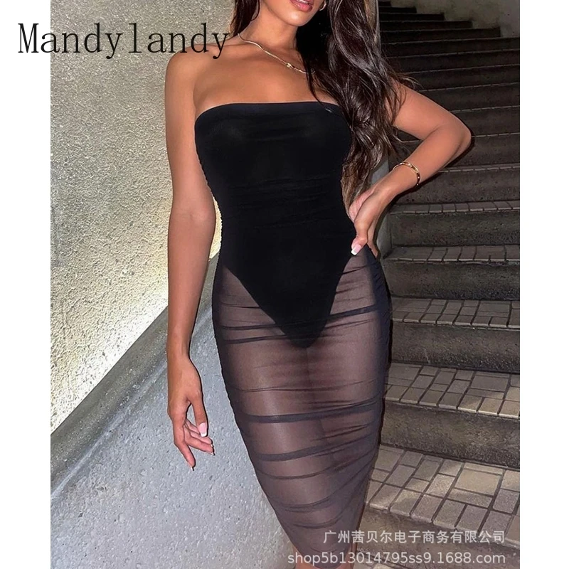 

Mandylandy Dress Summer Backless Strapless Pleated Stitching High Waist Dress Women's Sexy Mesh Lace See-through Stitching Dress