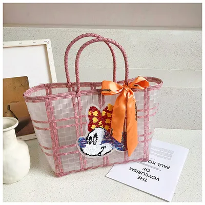 

Disney cartoon Mickey Mouse large capacity transparent fashion shoulder bag basket bag woven handbag female storage travel bag