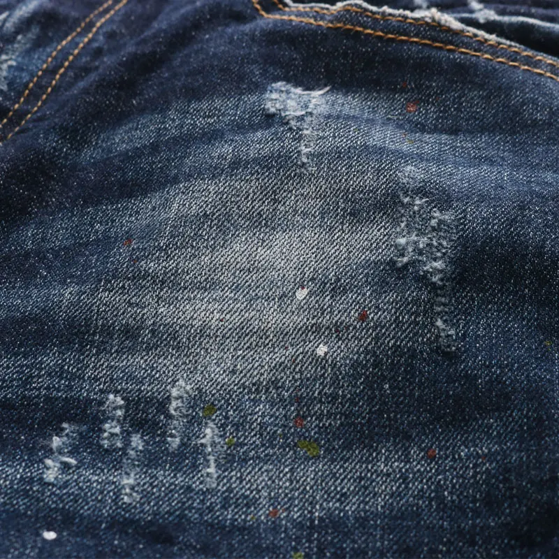 European Vintage Fashion Men Jeans High Quality Retro Dark Blue Slim Ripped Jeans Men Streetwear Painted Designer Denim Pants