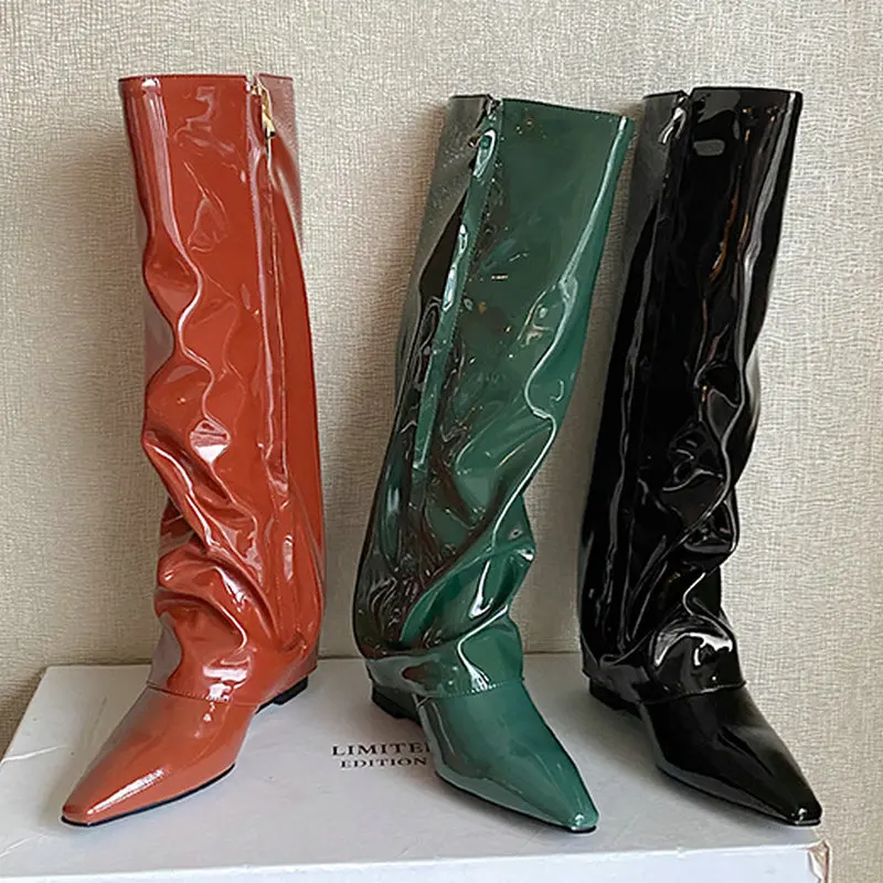 

2021 Autumn Winter Genune Leather Women's Boots Zipper Pointed Toe Wedges Heels Pumps Female Party Basic Shoes Woman Heels