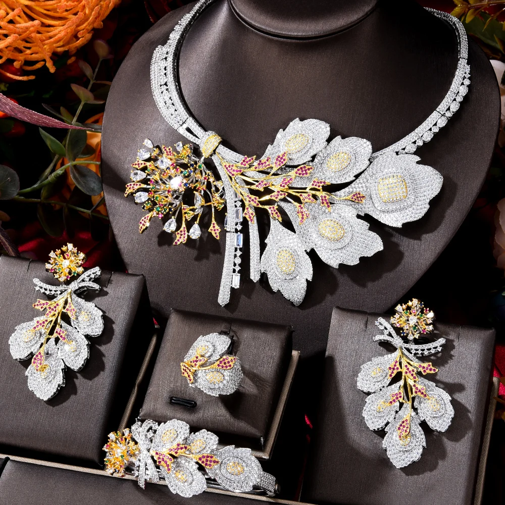 

Blachette Dubai India Custom Gorgeous Cubic Zircon Flower Necklace Earrings Bracelet Ring Jewelry Set Bridal Wedding Banquet