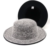 full diamond adjustable flat top fedora hat bling rhinestone panama women men wide brim felt jazz hats wholesale summer winter