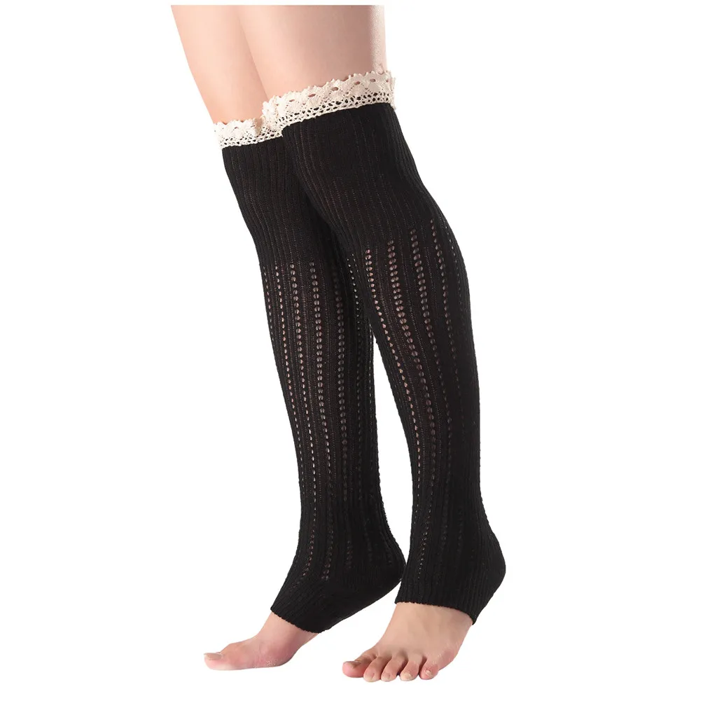 Женские кружевные теплые гольфы зимние вязанные носки с дырочками одноцветные
