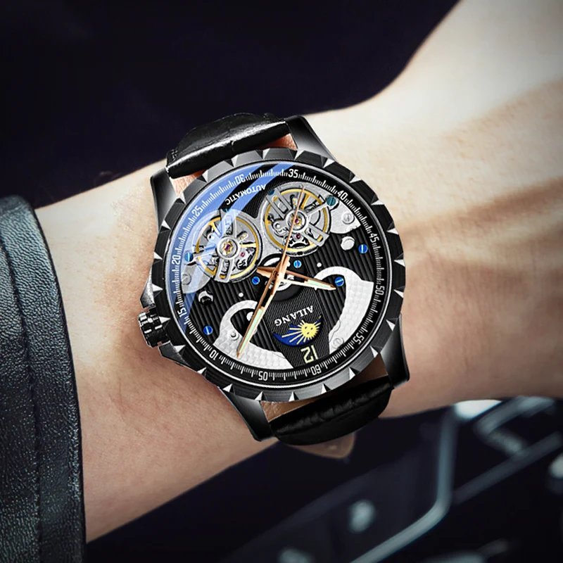 Бренд ailang мужские часы автоматические механические Tourbillon спортивные кожаные
