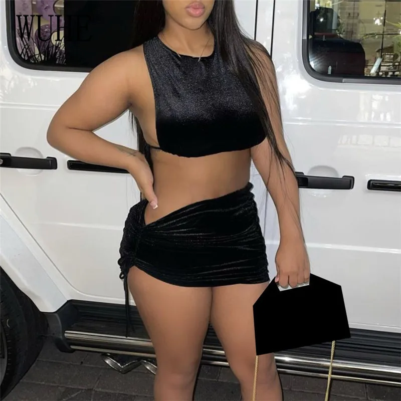 

YEYA Nightclub Party Sexy Two Piece Sleeveless O Neck Off Shoulder Backless Tanks Top and Skinny Drawstring Lace Up Mini Skirts