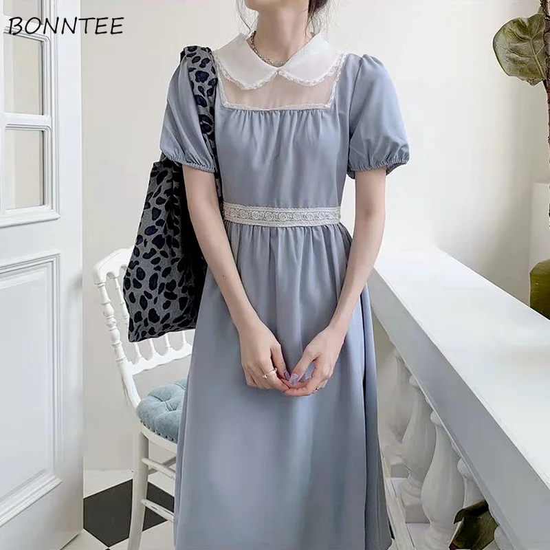 

Puff Sleeve Dresses Women Vintage Soft Elegant All-match Fashion Casual Preppy Style Ins Ulzzang Patchwork Holiday Teens Cozy