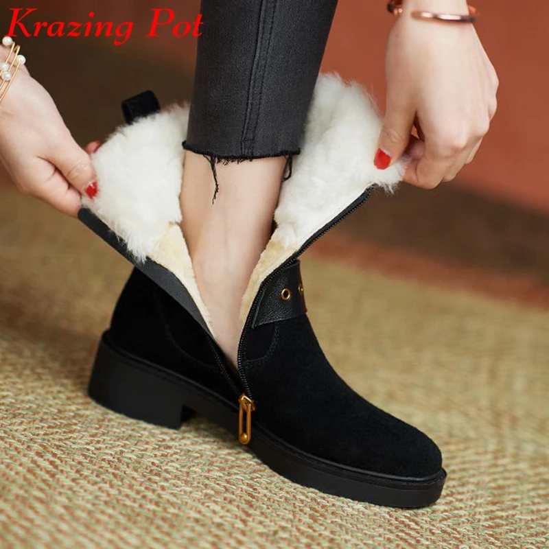 

krazing pot cow suede wool blend fur round toe med heels snow boots British style keep warm zip metal buckle winter ankle boots