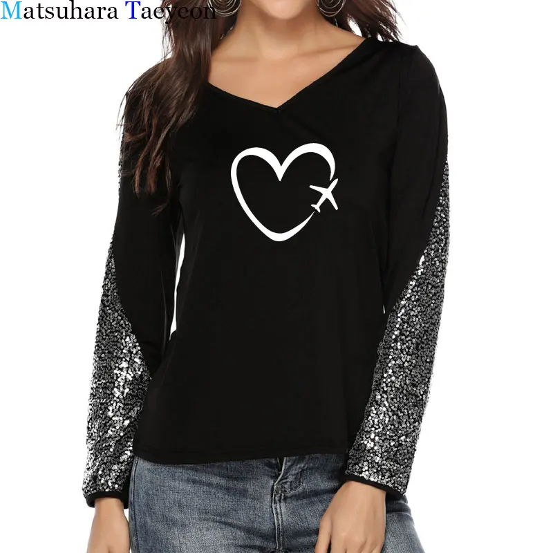 

Funny Travel Plane Heart Love Autumn Women T Shirt Casual Tshirt Women Long Sleeve Sequins Patchwork T-shirts Graphic Tees
