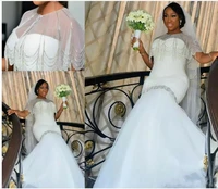 plus size beaded wedding dresses mermaid charming bridal gowns with cape sweep train african formal gown