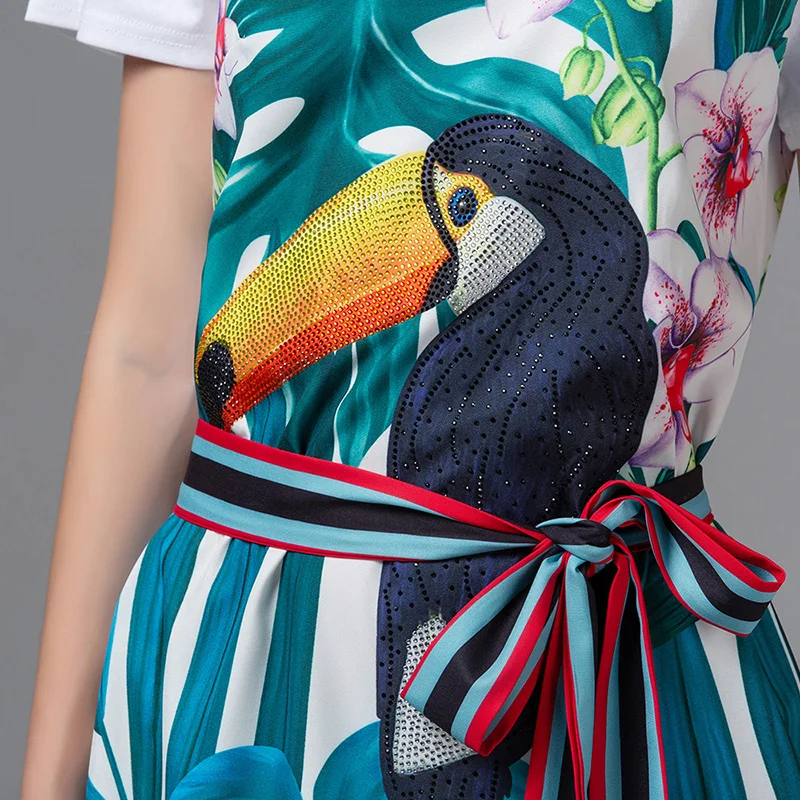 Женское блестящее платье-Футболка со стразами и цветочным принтом в виде попугая