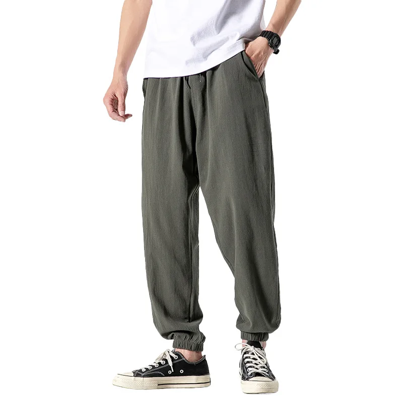 

2021 Summer Japanese Linen Sports Pants Men's Loose-fitting Feet Plus Size Casual Nine-point Pants Thin Section Trendy Pants