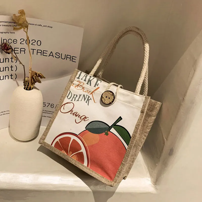 

Fashion Printed Jute Shopping Bag Ethnic Style Multifunction Lunch Bag Japanese Style Resuable Handbag All-match Canvas Bag