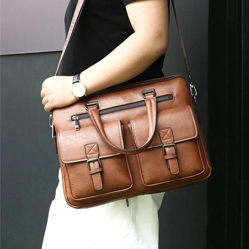 

MOTAORA Men's Leather Shoulder Bag Business Briefcase For Men Two Pocket Handbag Soft Handle Laptop Bags Bolso Bandolera Hombre
