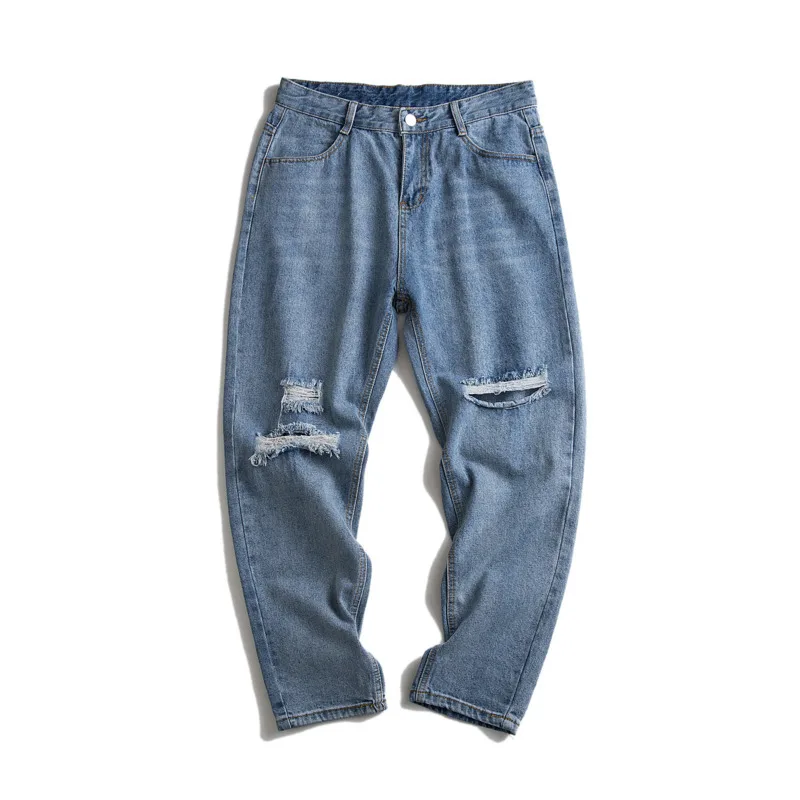 Рваные джинсы мужские Модные однотонные повседневные Прямые уличные свободные