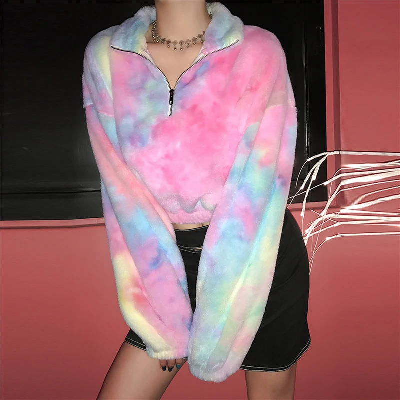 

Winter Tie Dye Pink Faux Fur Coat Women Casual Loose Soft New Furry Teddy Bear Jacket Shaggy Thick Warm Overcoat Autumn