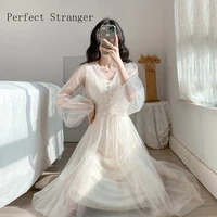 vintage hot sale v collar fairy two pieces v collar collect waist long lace gauze women dress apricot 2021 summer new arrival