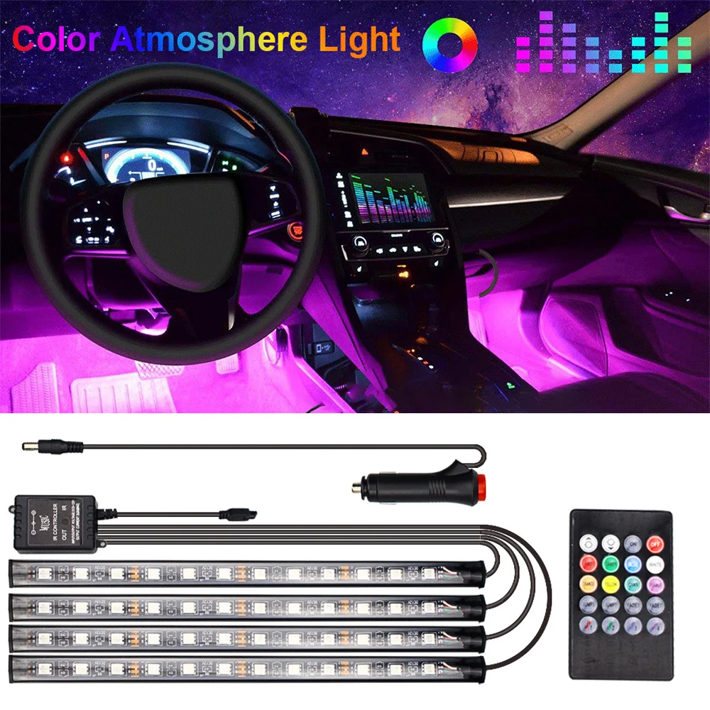 

Светодиодсветильник лента для создания атмосферы в автомобиле, светильник ная RGB лампа с дистанционным управлением, музыкальный ритм, прик...
