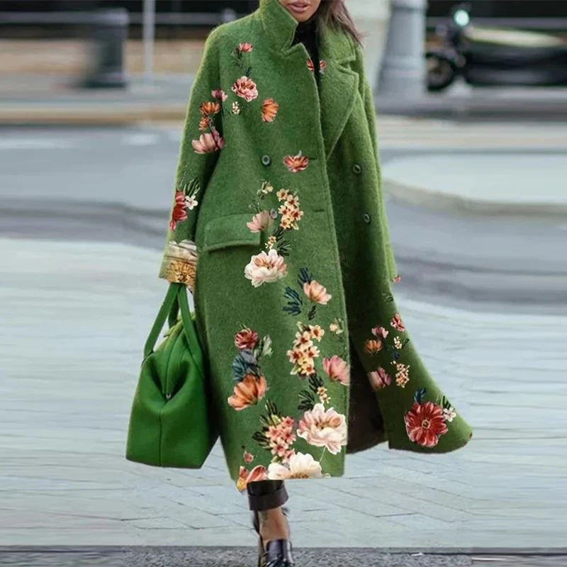 

Elegant Autumn Street Lady Long Cardigan Coats Fashion Floral Print Pocket Long Sleeve Jacket 2021 Winter Women Blend Wool Coat