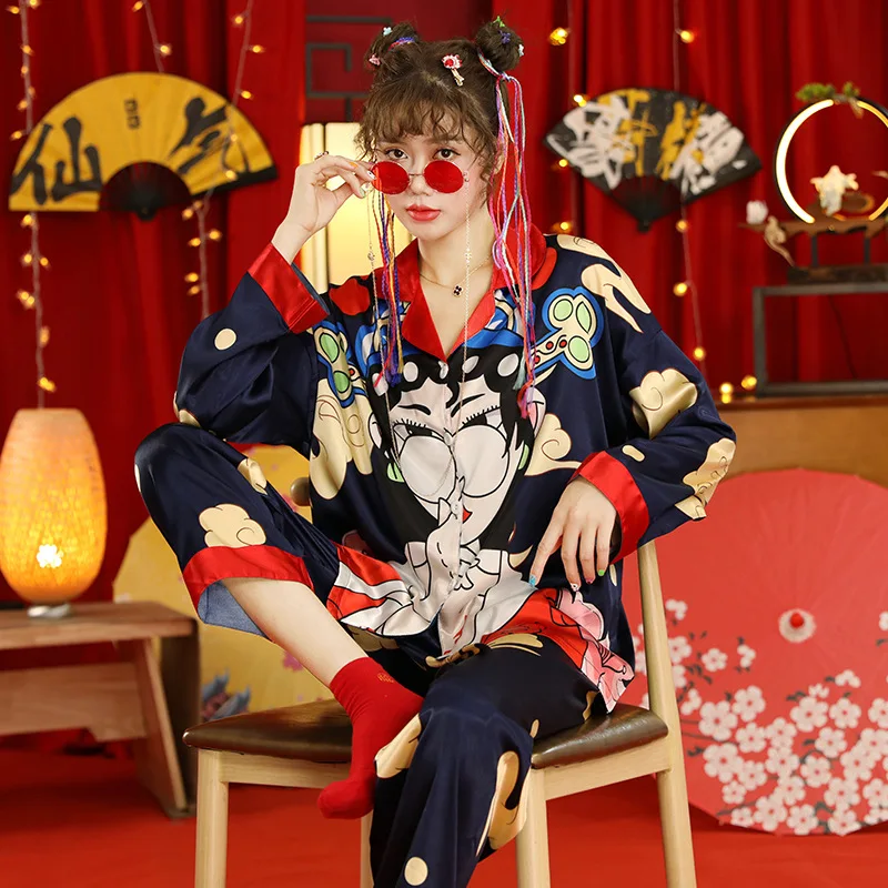 Autumn vintage Chinese tide wind ladies pajamas cardigan long sleeve soft ice silk girl suit home dress