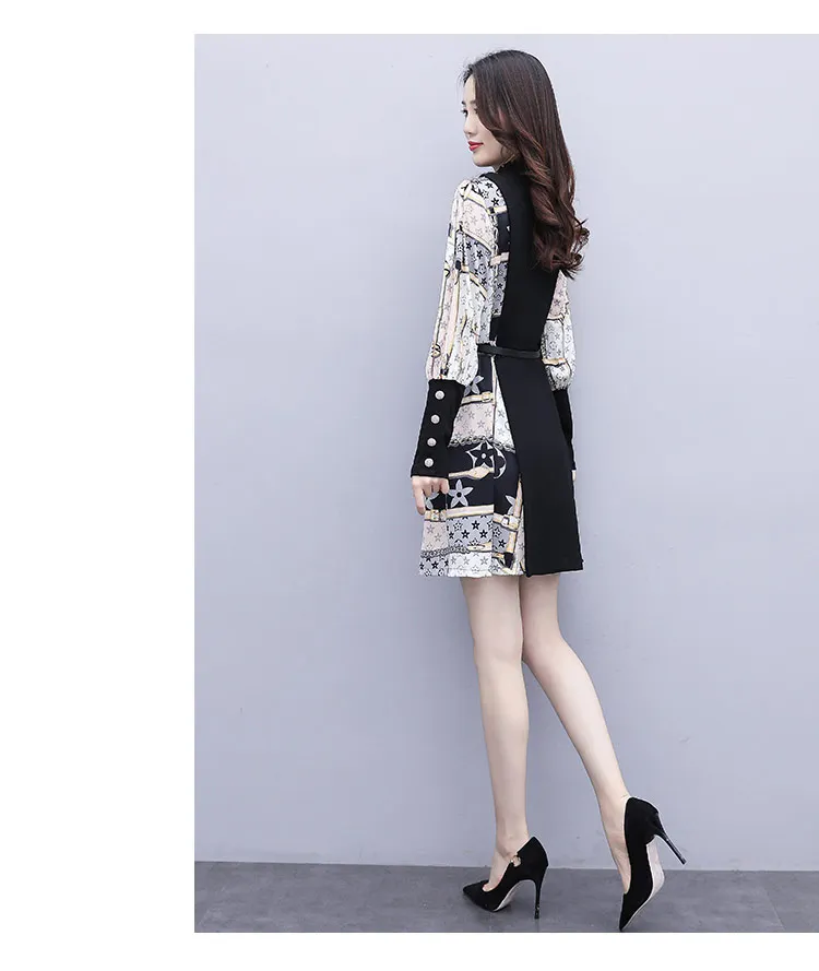 

Women's Dress Fashion Casual Dresses Long Sleeve O-neck Dress New Printing Splicing Summer Korean Thin Large Size Brocade