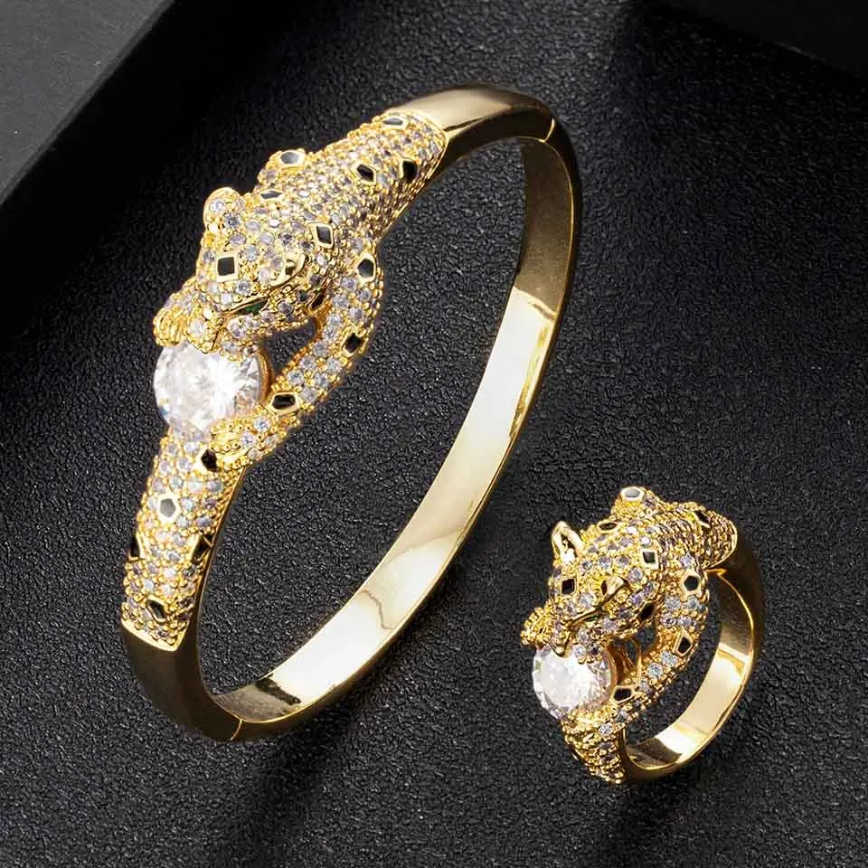 

Zlxgirl jewelry perfect AAA cubic zircon leopard shape women and men wedding bracelet ring set brand enamel copper bangle set