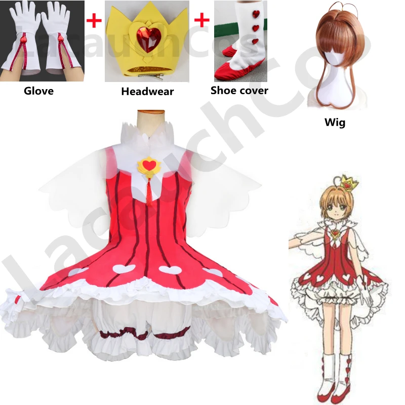 

Anime Sakura Clear Card Card Captor Sakura OP2 Heart Of Rose Gamble Suit Cosplay Costume Summer dress Sakura Wigs Shoe Cover