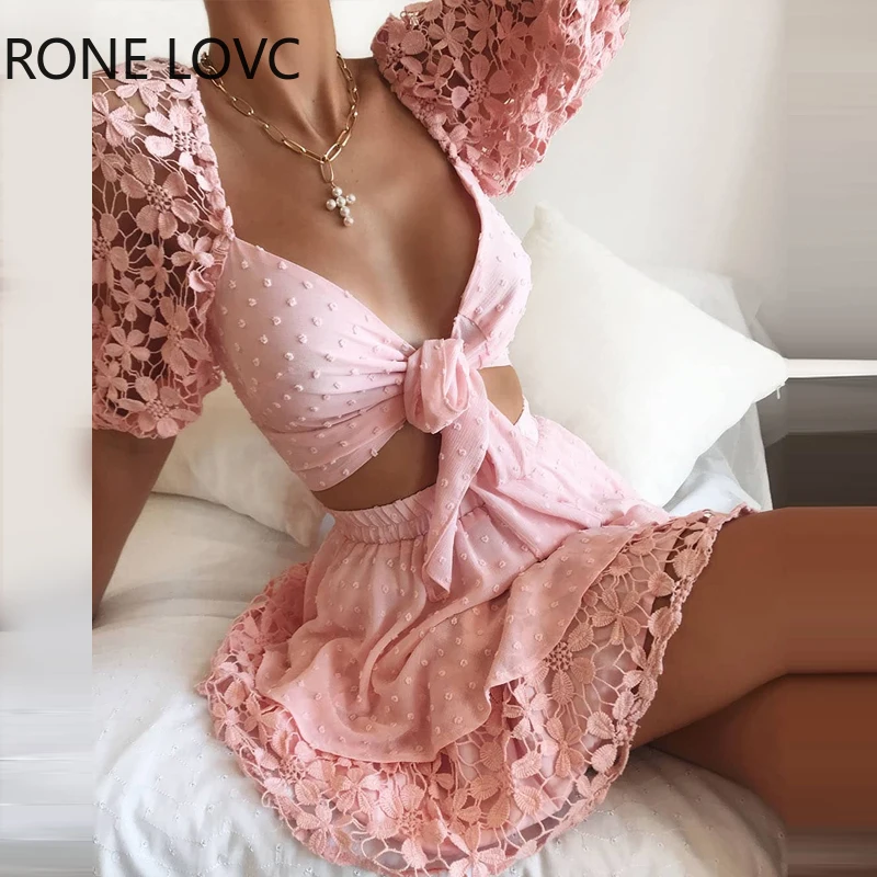 

Spring V Neck Floral Lace Swiss Dot Top & Skirt Set Women Sets 2 Piece Set