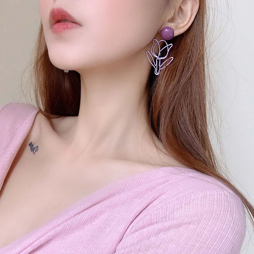 

Fashion Korean Elegant Purple Earrings Metal Paint Love Heart Daisy Flower Bohemian Dangle Earrings Women Girls Jewelry