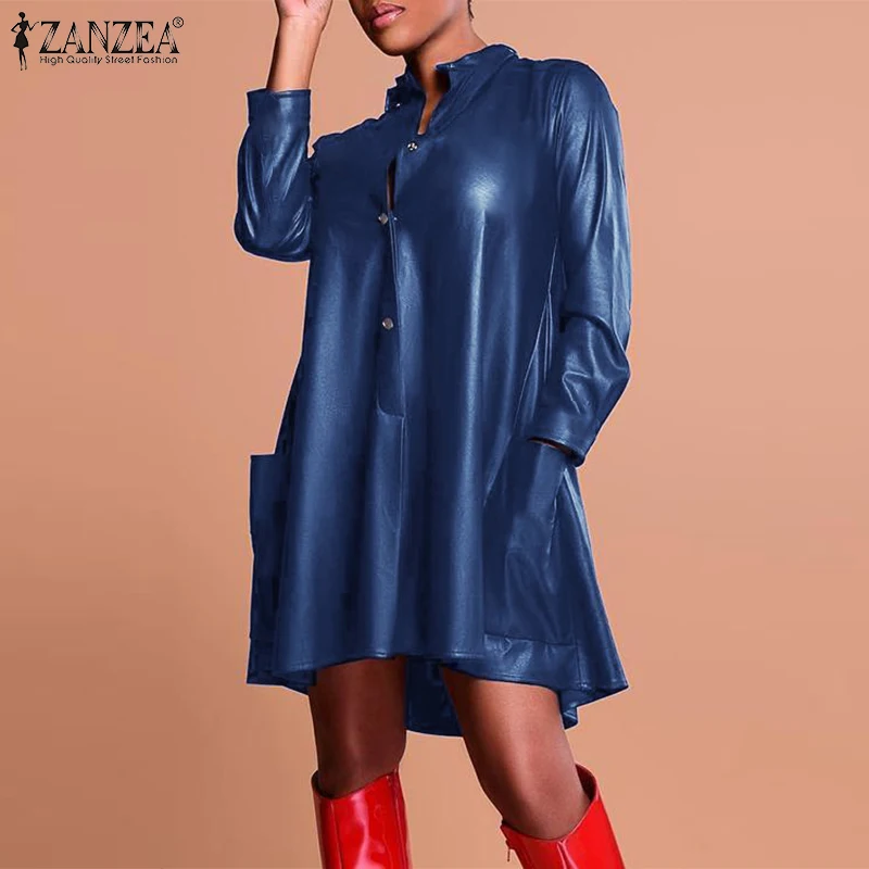 

ZANZEA Stylish Women Full Sleeved ONeck Dress Button Leather Short Party Pocket Chic Dresses Femme Casual Vestido Faldas Saias