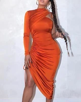 sexy one shoulder drawstring ruched night club party bodycon dress women shiny solid long sleeve mid calf christmas dress 2021