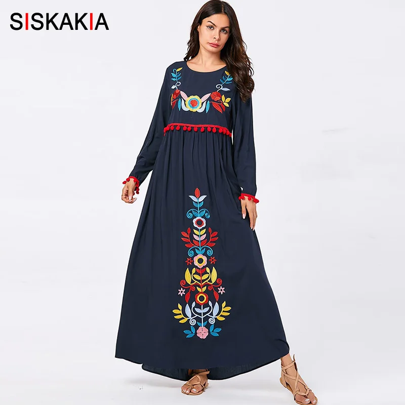 Женское платье с цветочной вышивкой Siskakia Длинное свободное круглым вырезом
