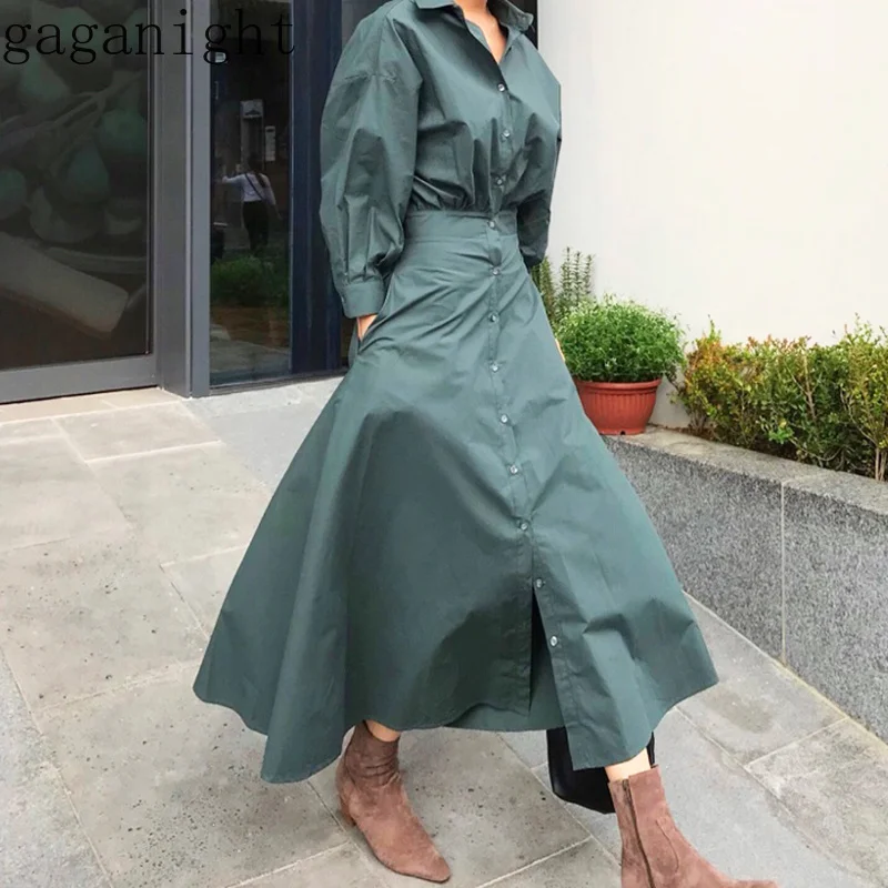 Gaganight элегантное офисное женское длинное платье рубашка однотонное винтажное