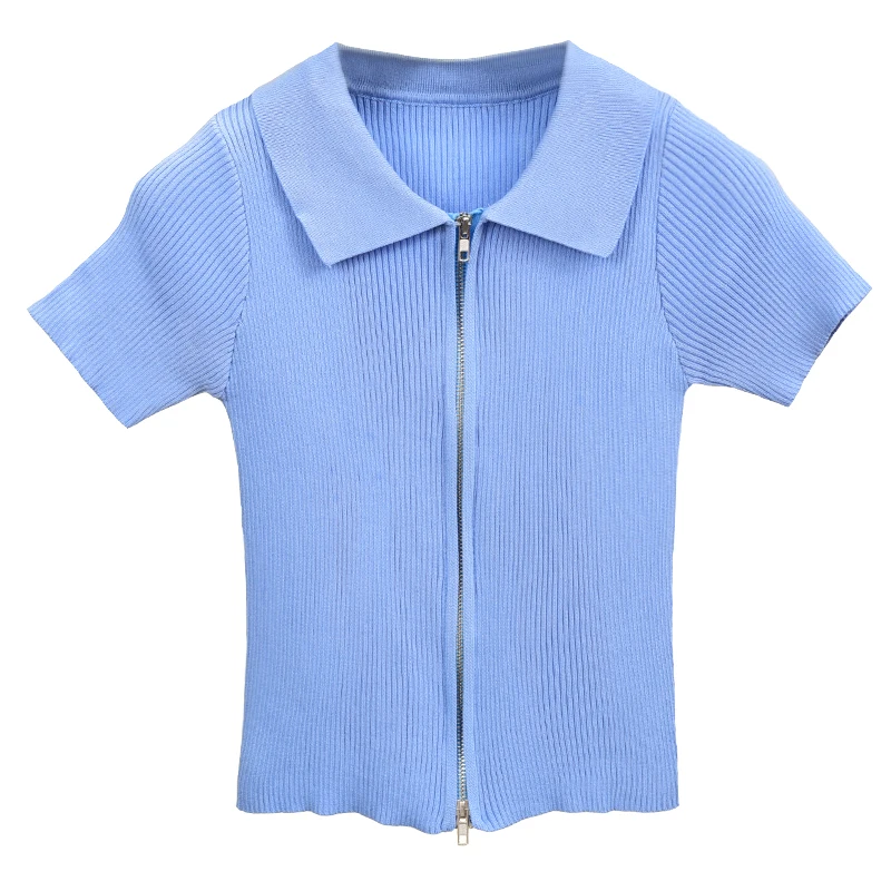 

Summer Pull Sweater Women Slim Thin Tops New Fashion Turn Down Collar Zipper Crop Sweaters Female Causal Korean Knit Tops