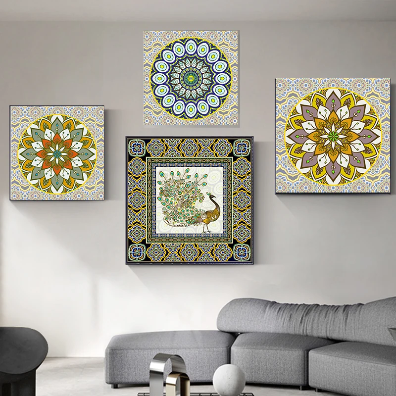 HD живопись современный павлин и мандала цветок религия холст печать плакат